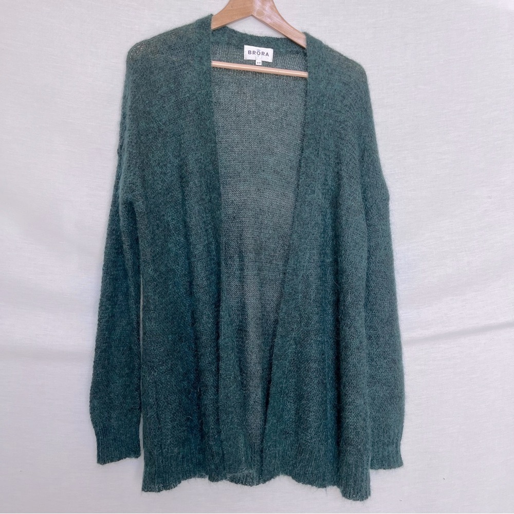 Brora Forest Green Superkid Mohair Blend Soft Open Cardigan